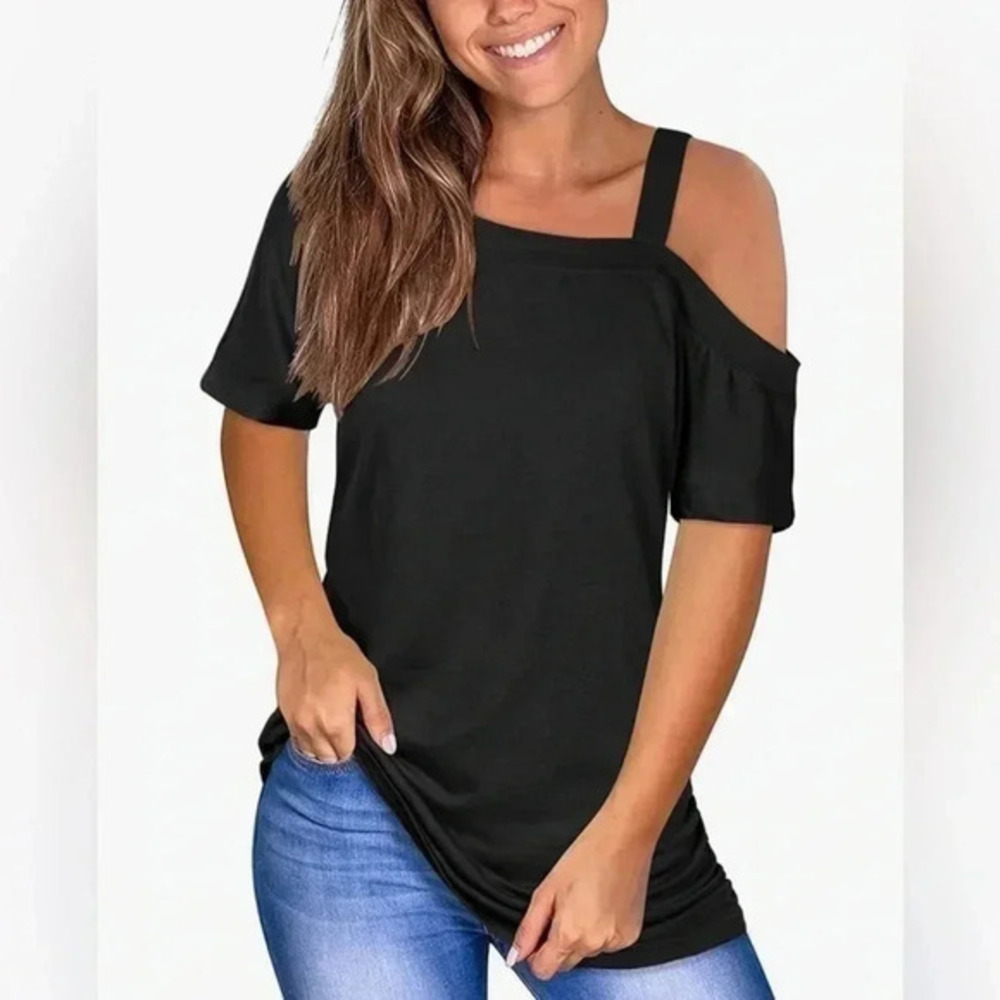 Women’s tee, XL, black, off one shoulder, ruched sides, cotton/polyester EUC